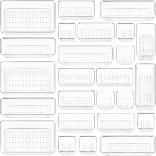 Vtopmart 25 PCS Plastic Clear Drawer Organizer, Acrylic Desk Drawer organizers, Organization and Storage for Makeup, Bathroom, Office, kitchen, Bedroom