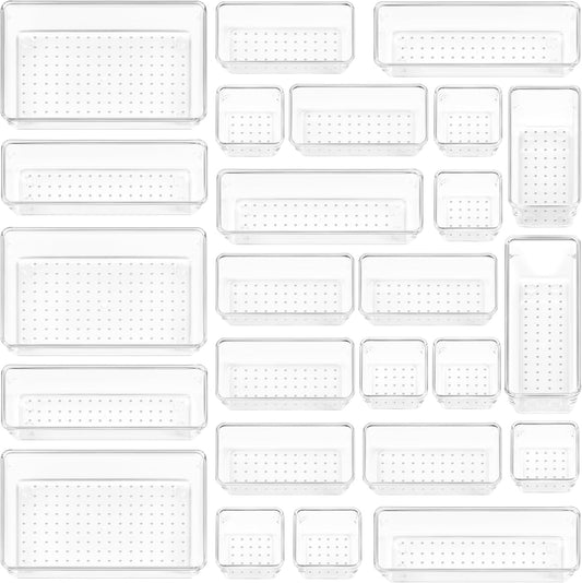 Vtopmart 25 PCS Plastic Clear Drawer Organizer, Acrylic Desk Drawer organizers, Organization and Storage for Makeup, Bathroom, Office, kitchen, Bedroom