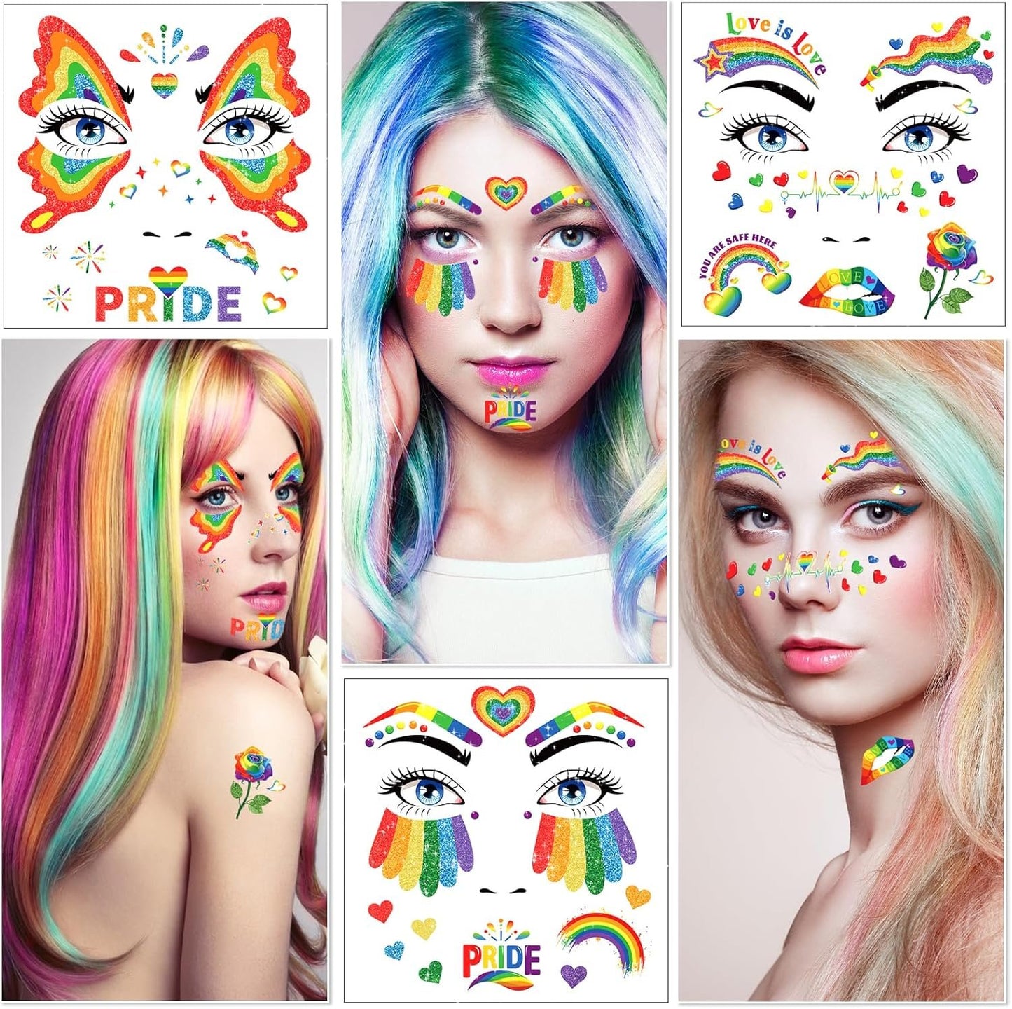 DPKOW Glitter Rainbow Face Tattoos LGBT Pride Temporary Tattoos for Pride Accessories, 12 Sheets Rainbow Flag Butterfly Heart Tattoo Stickers LGBT Gay Pride Makeup Accessories for LGBT Face Body Art