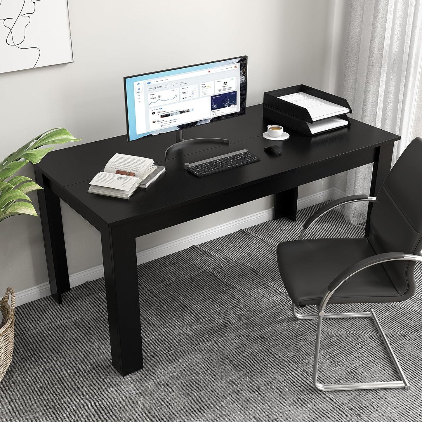 Giantex 160 CM Dining Table, Rectangular Dining Table with Sturdy L-Shaped Legs, Modern Kitchen & Dining Room Table, Seats up to 8, Black Finish
