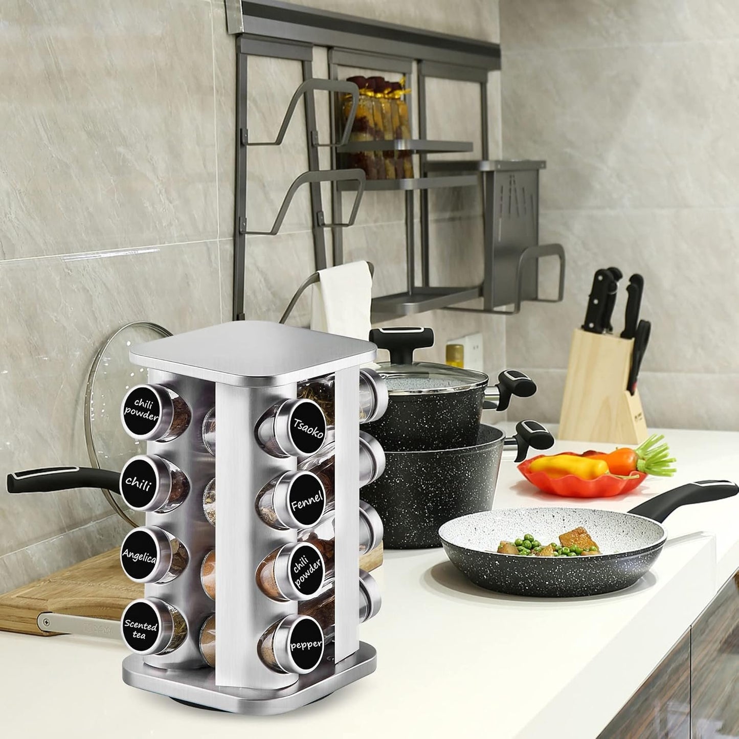 Countertop Revolving Spice Rack, 16-Jars Stainless Steel Spice Rack Organizer, Square Carousel Spice Rack Tower, Seasoning Storage Organization for Kitchen Home Dried Herbs