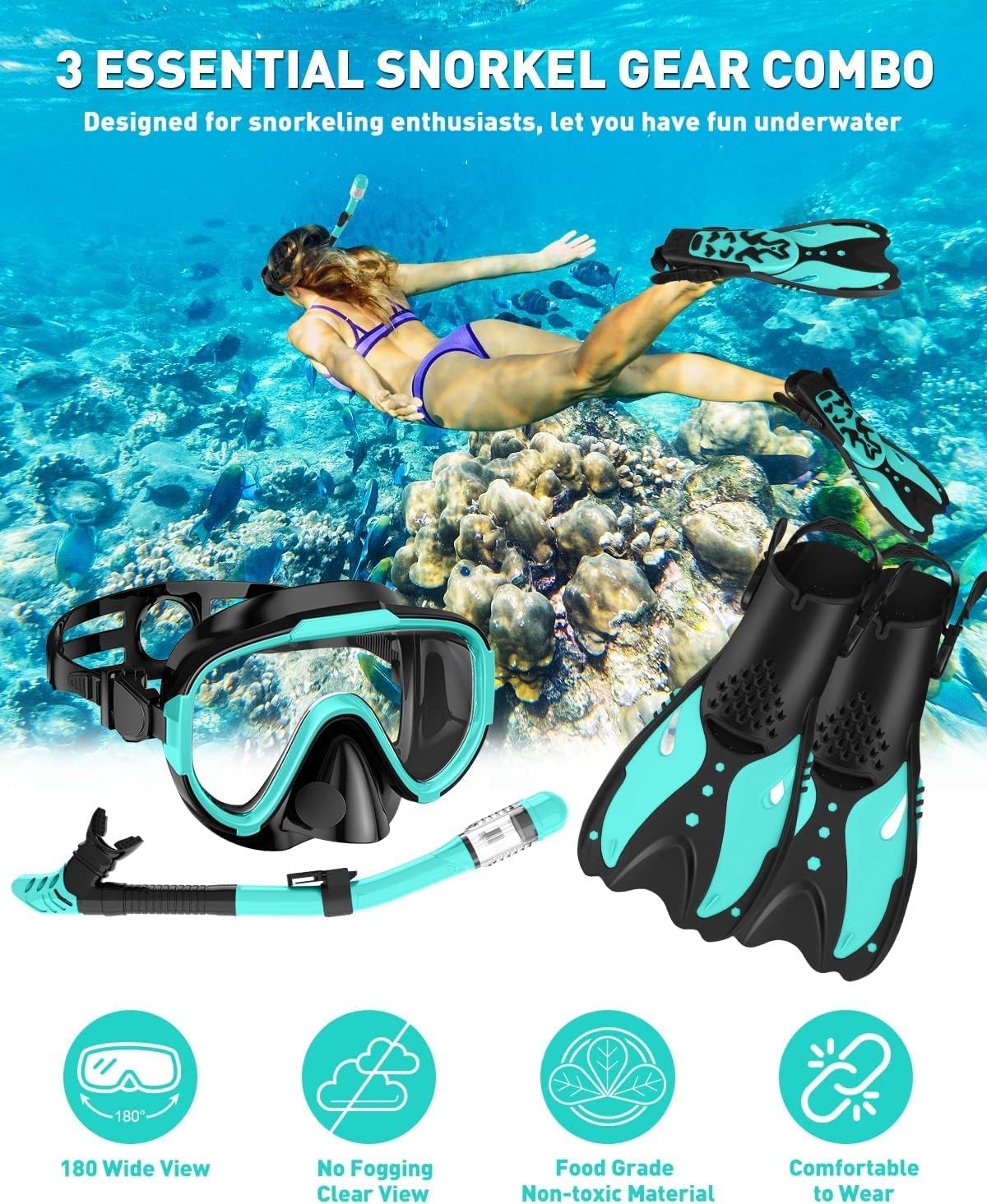 EMSINA Mask Fin Snorkel Set with Adult Snorkeling Gear, Panoramic View Diving Mask, Trek Fin, Dry Top Snorkel +Travel Bags, Snorkel for Lap Swimming