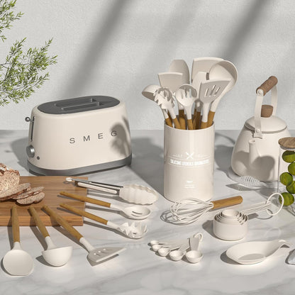 Kitchen Utensil Set Silicone Cooking Utensils Umite Chef 24 pcs Kitchen Utensils Tools Wooden Handle Spoons Silicone Utensil Set Spatulas Set Cookware Turner Tongs Whisk Kitchen Gadgets with Holder