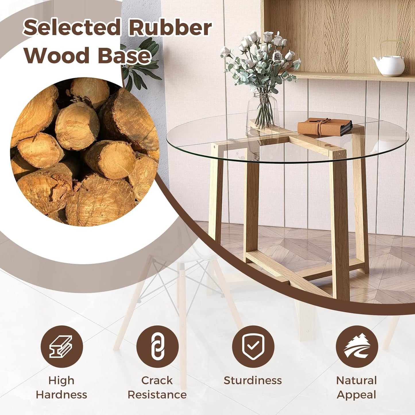 Tangkula 42" Round Glass Dining Table for 4-6, 0.3” Tempered Glass Tabletop with X-Shaped Rubber Wood Frame, Modern Kitchen Table for Home Kitchen Dining Room Breakfast Nook (Single Table)