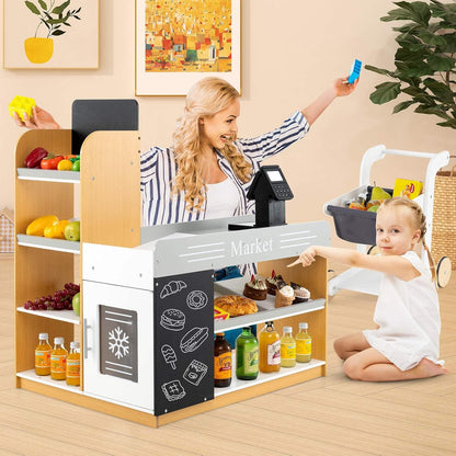 HONEY JOY Pretend Play Grocery Store Set, Kids Market Stand with Shopping Cart, 2 Chalkboards & Cash Register, Wooden Supermarket Playset with Display Shelves, Toy Playset for Children 3+ Years Old