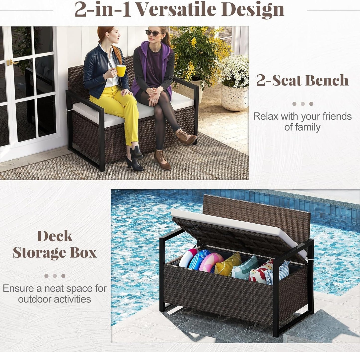 Tangkula 40 Gallon Outdoor Bench with Storage, Patio Wicker Storage Bench with Cushion, Cover, Metal Frame, Deck Box Seat for Backyard, Poolside, Balcony, Garden (Brown)