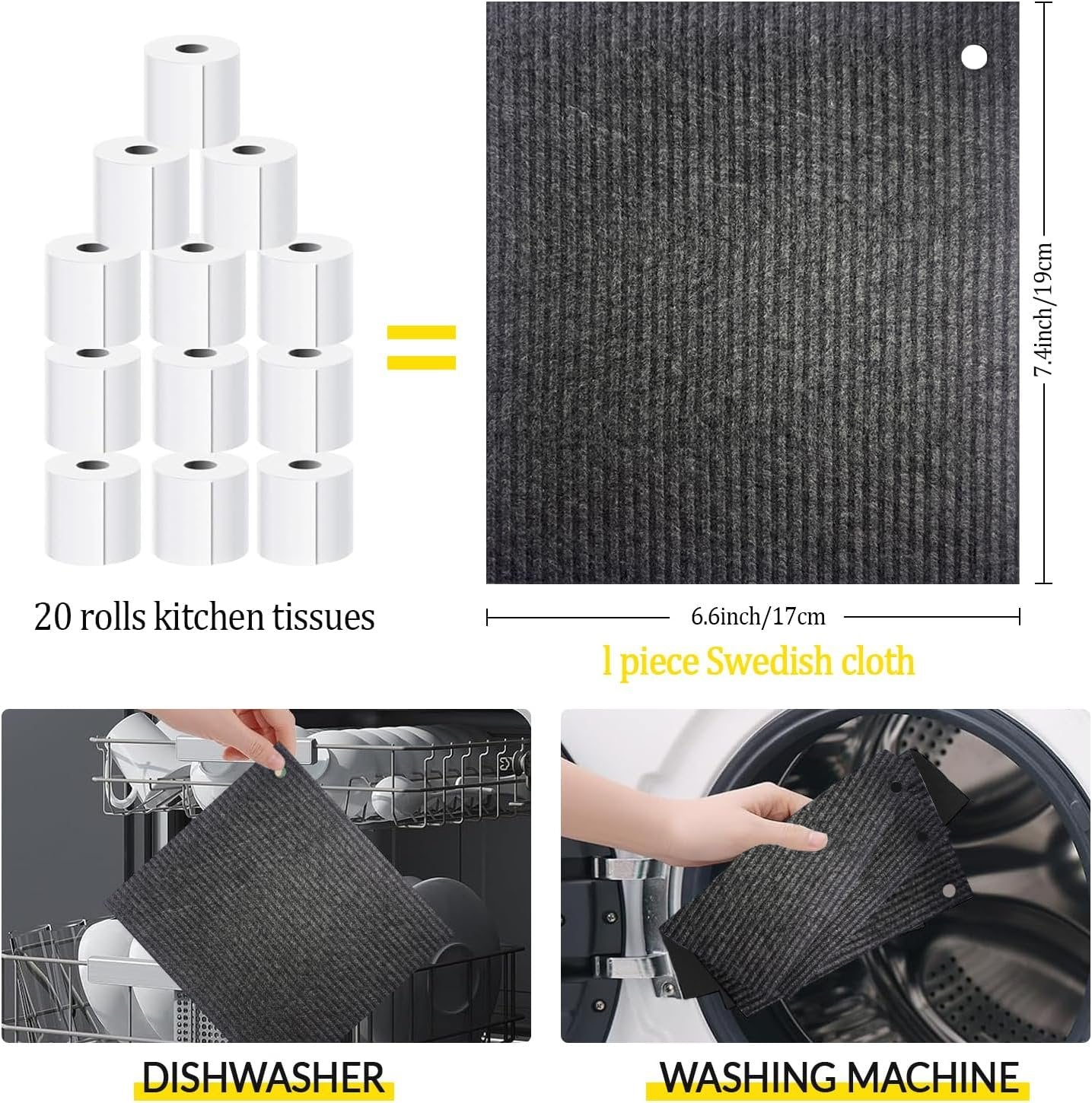 6 - Pack Swedish Kitchen Dish Cloths - Reusable Paper Towels for Counters & Dishes - Eco Friendly Cellulose Sponge Cloth - Assorted (Black)