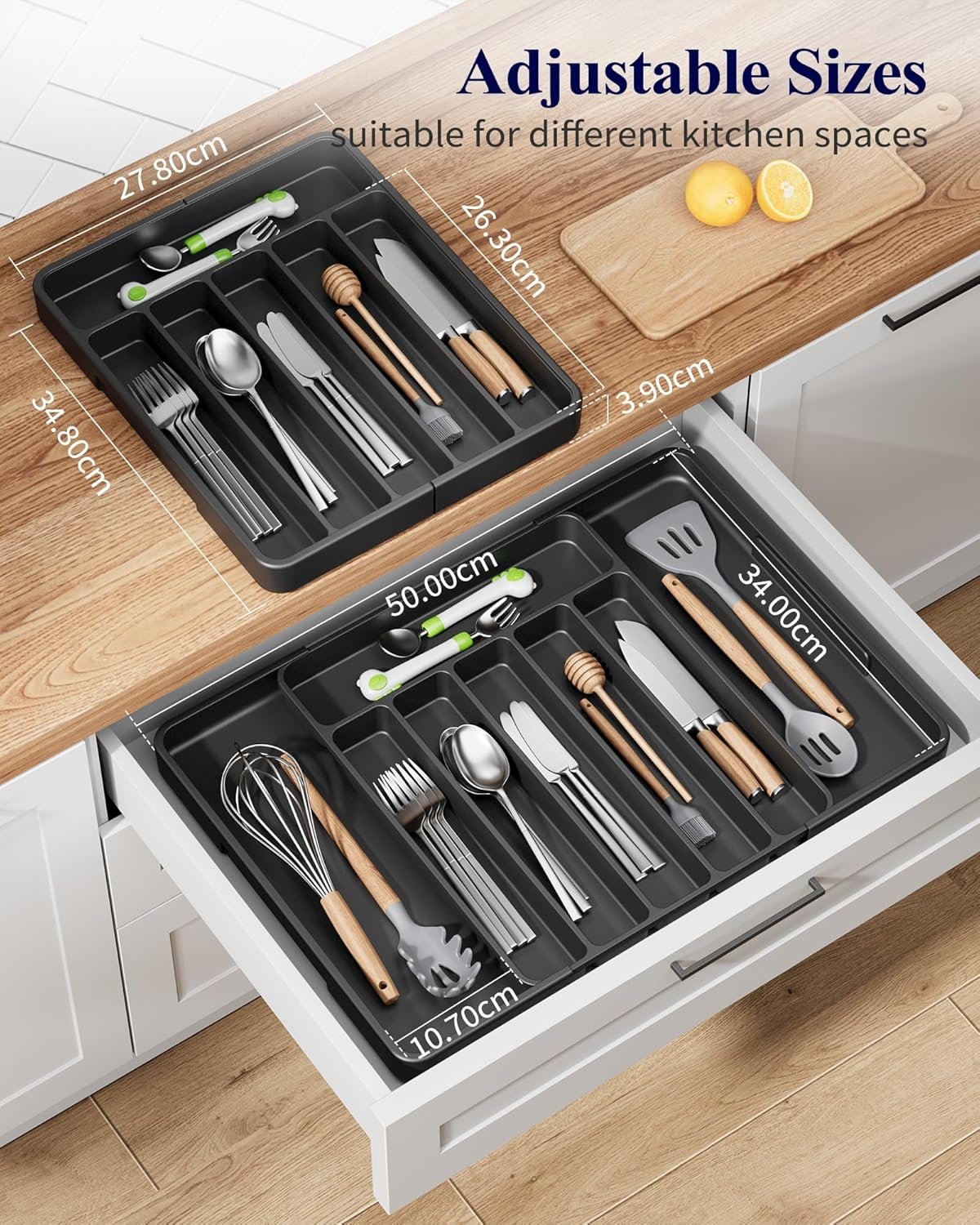 Kitsure Large Cutlery Organizer - Adjustable Silverware Utensil Drawer Organizer for Easy Access, Versatile Kitchen Organizer and Storage Solution 34.8 × 3.9 × 27.8~50.0 cm, Black