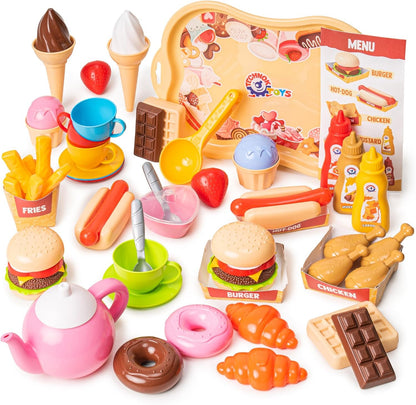 Pretend Play Kitchen Toys Cookware (79PCS) with Play Food Toy Set - Play Dishes Cookware Set - Play Food Set for Toddler Boys Girls 3+ Years - Hot Dog Ice Cream Burger