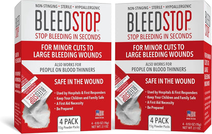 BleedStop First Aid Powder for Blood Clotting, Trauma Kit, Blood Thinner Patients, Camping Safety, and Survival Equipment for Moderate to Severe Bleeding Wounds or Nosebleeds (Double 4 Pack 15g)
