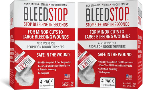 BleedStop First Aid Powder for Blood Clotting, Trauma Kit, Blood Thinner Patients, Camping Safety, and Survival Equipment for Moderate to Severe Bleeding Wounds or Nosebleeds (Double 4 Pack 15g)