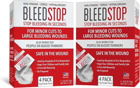 BleedStop First Aid Powder for Blood Clotting, Trauma Kit, Blood Thinner Patients, Camping Safety, and Survival Equipment for Moderate to Severe Bleeding Wounds or Nosebleeds (Double 4 Pack 15g)