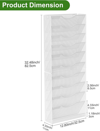 Solinxe Hanging Wall File Holder Organizer 10 Tier, Mesh Wall Mounted Magazine Document Paper Rack, Desk Organizer for Office Home Classroom Organization, White