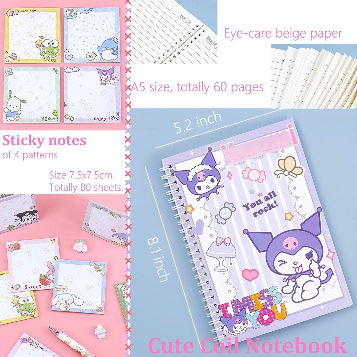 Koiswim Cute Kawaii School Supplies Stationery Gift Set, Including Gel Pens Notebook Pencil Cse Stickers Pins Badge Lanyard Sticky Note Bookmark (K)