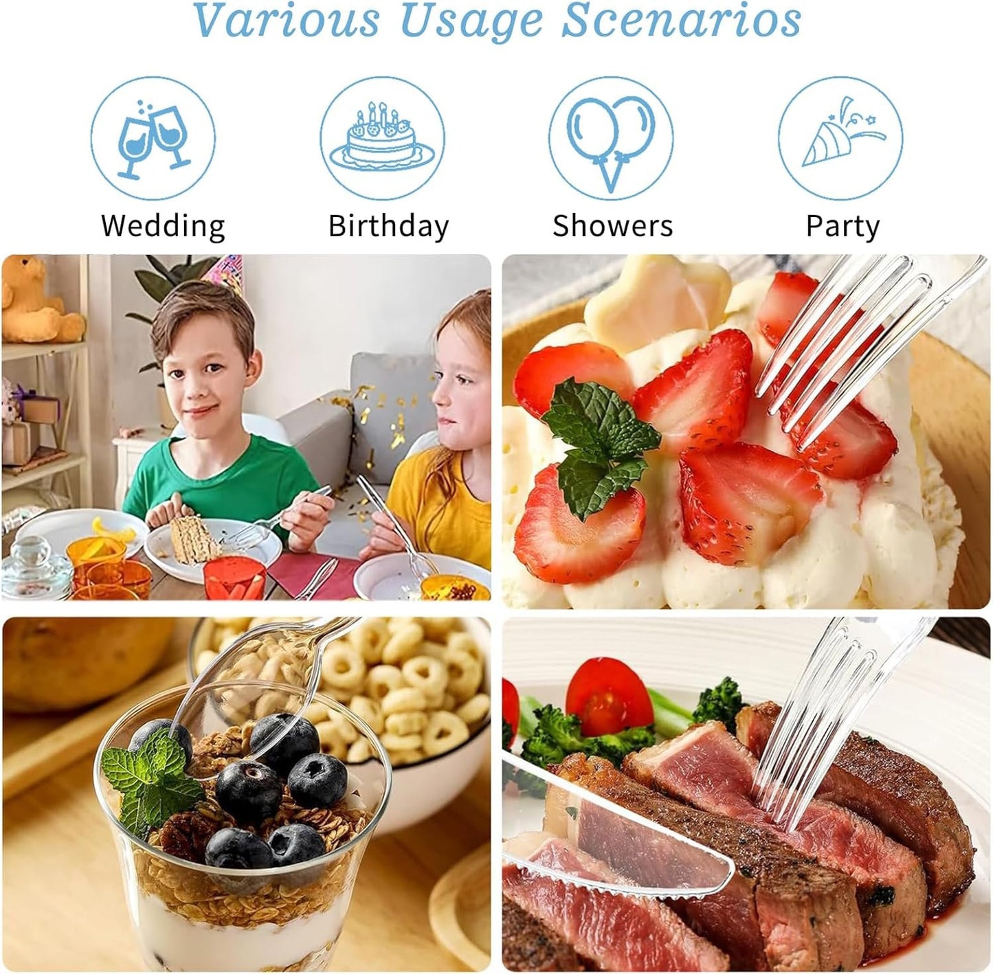 Clear Plastic Cutlery Set 150 PCS, Disposable Cutlery Set - 50 Forks, 50 Spoons, 50 Knives, Reusable Plastic Silverware for Birthday Party Supplies