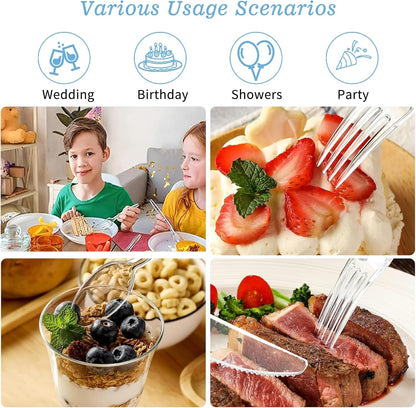 Clear Plastic Cutlery Set 150 PCS, Disposable Cutlery Set - 50 Forks, 50 Spoons, 50 Knives, Reusable Plastic Silverware for Birthday Party Supplies