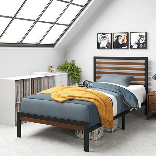Zinus Kai Bamboo and Metal Bed Frame Hybrid Platform Base with Footboard - King Single