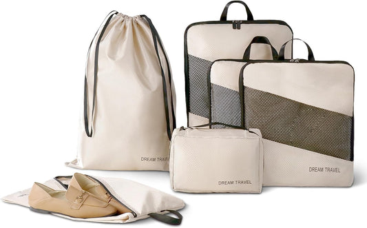 GRANNY SAYS Compression Suitcase Organizer, 6 Pieces Space-Saving Travel Organizer for Suitcases with Zipper, Packing Cubes Compression, Suitcase Organizer Set, Suitcase Organizers, Beige