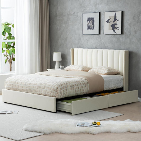 YUHUASHI Upholstered Queen-Size Platform Bed Frame with 4 Storage Drawers and Headboard, Velvet Upholstery with Wooden Slats Support, No Box Spring Required (Cream, Queen)