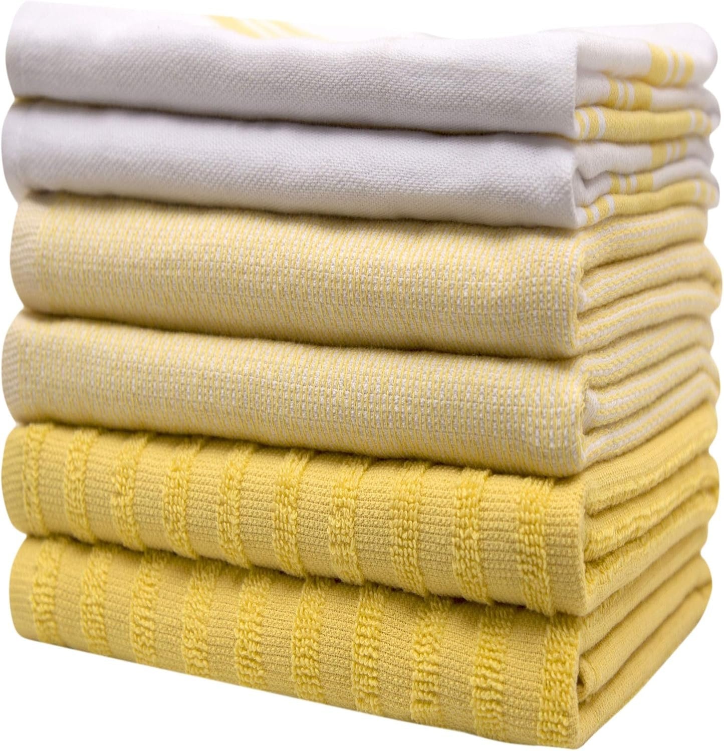Premium Large Kitchen Hand Towels (20"x 28", 6 Pack) | Cotton Flat & Terry Towels | Highly Absorbent Tea Towels Set With Hanging Loop | Wide Stripe Yellow