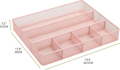 Annova Desk Drawer Organizer/Storage Tray - Metal Mesh with Dividers for Pens, Desktop Accessories, Bathroom, Kitchen, Makeup and Office Supplies (Light Pink)