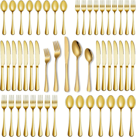 Runfly Gold Silverware Set, 40 Piece Flatware Cutlery Set for 8, Stainless Steel Silverware, Mirror Polished Cutlery Utensil Set Includes Knife Fork Spoon for Home Kitchen Restaurant