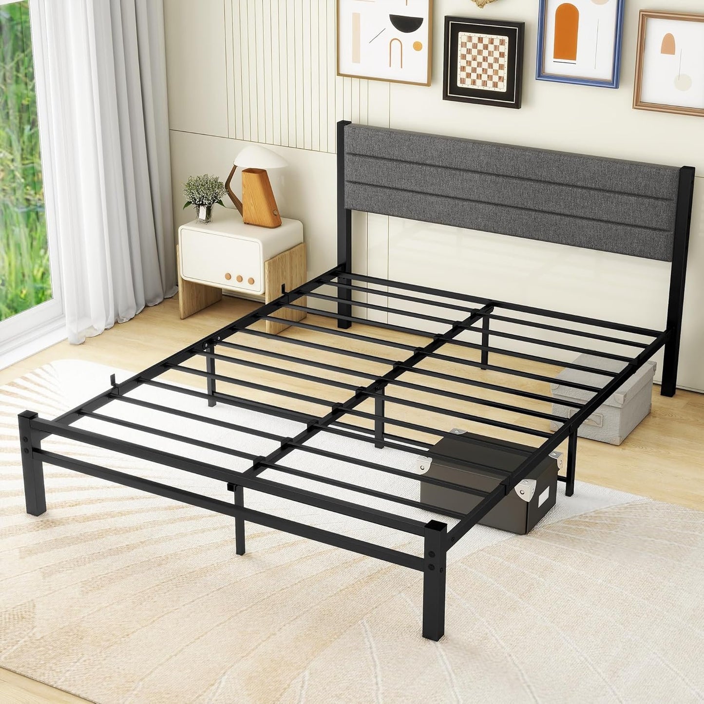 DUMEE Queen Bed Frame, Metal Bed Frame Queen Size with Upholstered Headboard, Heavy Duty Platform Bed Frame No Box Spring Needed &Easy Assembly, Gray Queen Bed
