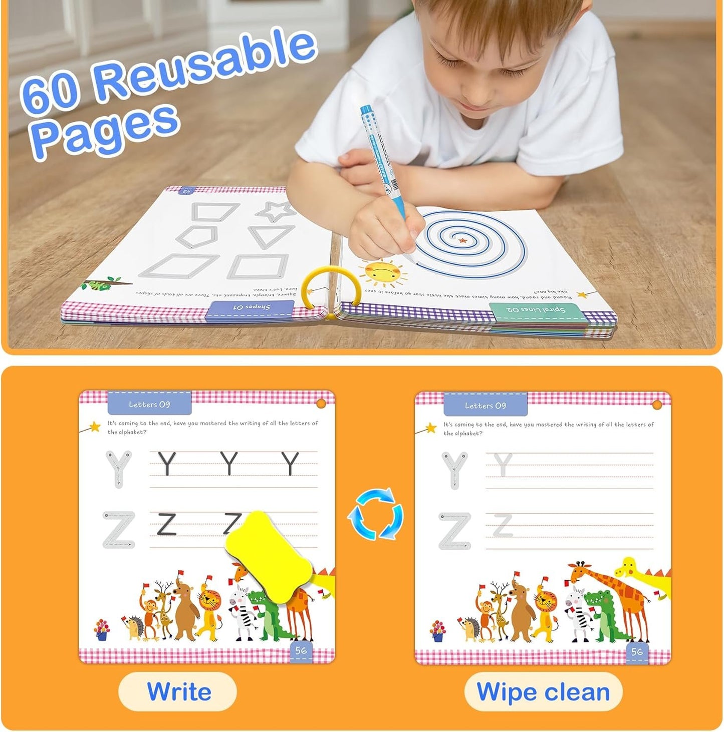 Hulupiggy Preschool Learning Activities 60 Reusable Pages, Tracing Letter Number Handwriting Practice Book for Kids, Montessori Autism Educational Fine Motor Toddler Learning Toys for 3 4 5 Year Olds