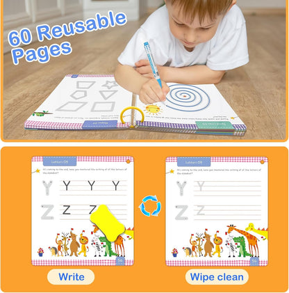 Hulupiggy Preschool Learning Activities 60 Reusable Pages, Tracing Letter Number Handwriting Practice Book for Kids, Montessori Autism Educational Fine Motor Toddler Learning Toys for 3 4 5 Year Olds