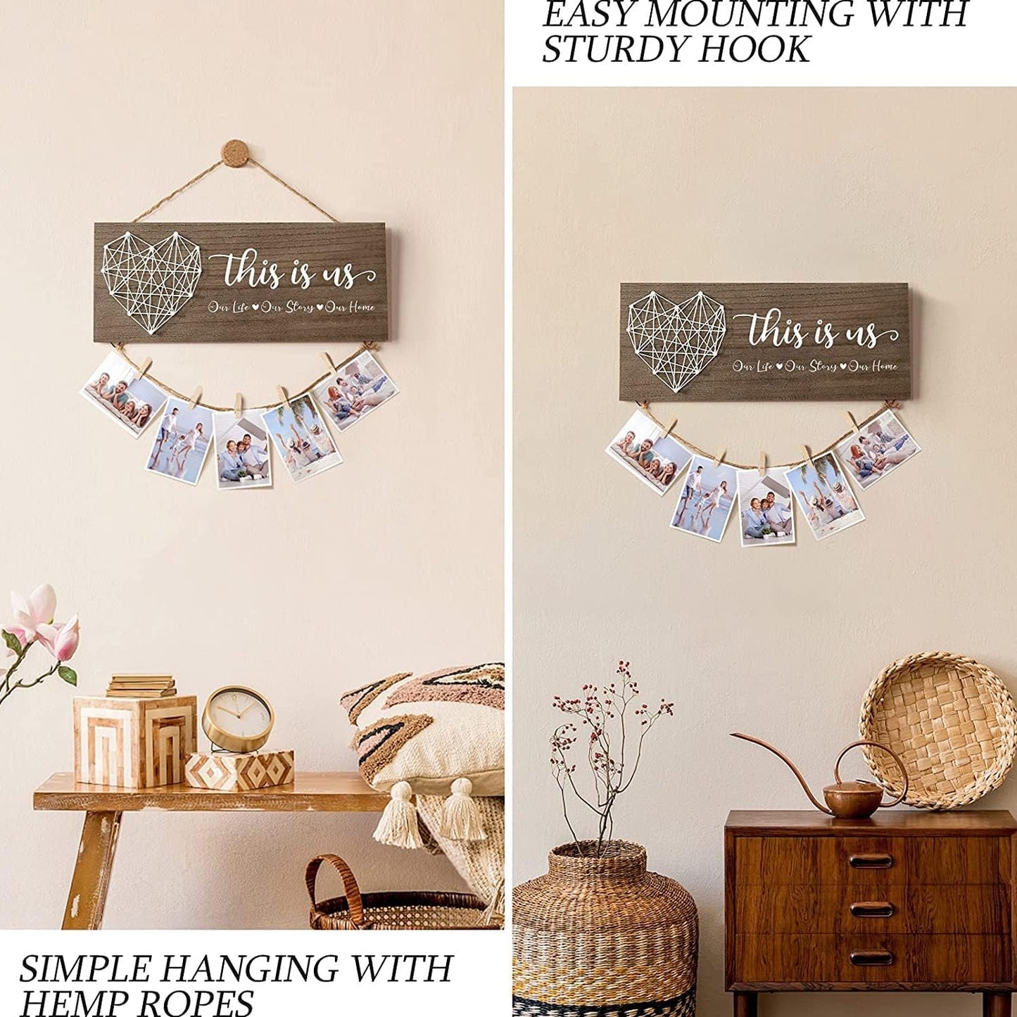 Baoswi Housewarming Gifts New Home Wall Decor Sign, This is Us Family Picture Frame Wedding Gifts for Couples Farmhouse Rustic Hanging Photo Holder, Gift for New Homeowner