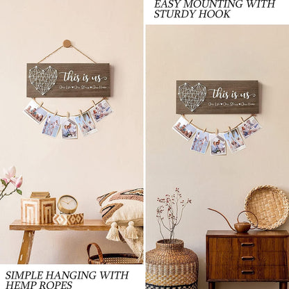 Baoswi Housewarming Gifts New Home Wall Decor Sign, This is Us Family Picture Frame Wedding Gifts for Couples Farmhouse Rustic Hanging Photo Holder, Gift for New Homeowner