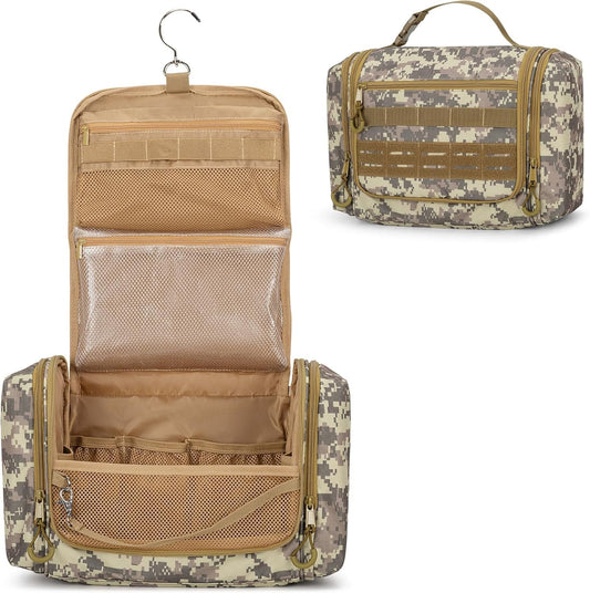 Prokva Tactical Toiletry Bag for Travel Men Dopp Kit Hygiene Bag Shower Organizer with Hooks for Toiletries and Shaving Care Black (Empty Bag), Camouflage Brown