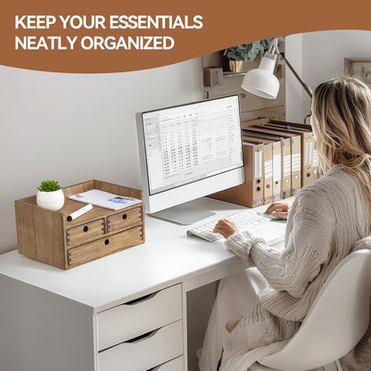 KIRIGEN Desk Organizer with Drawers - Wood Drawer Storage Box with Trays for Tabletop - Workspace Office Toiletries Supplies Tool Caddy - Wooden Storage Cabinet Dark Brownï¼ˆDT2D3C-DBRï¼‰
