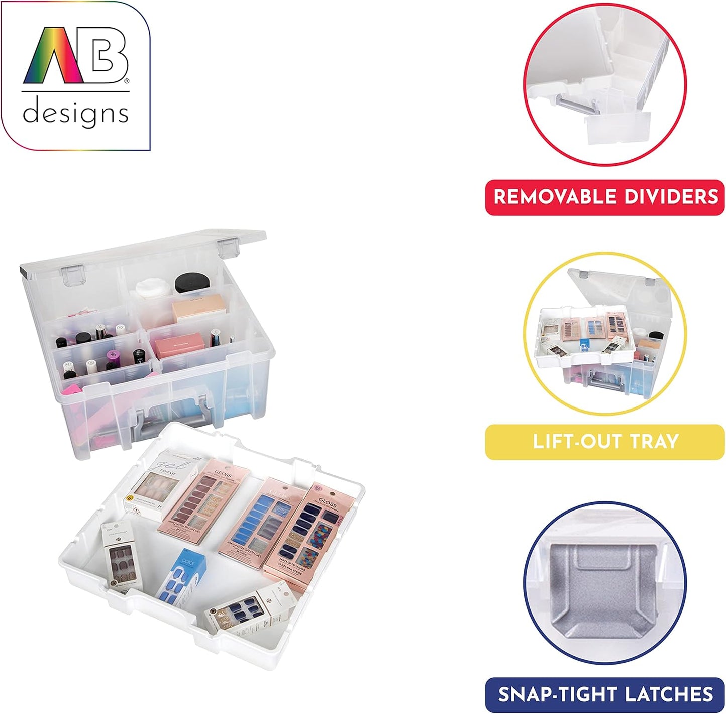 AB Designs 6899ABD Super Satchel Double Deep with Lift-Out Tray and Removable Dividers, Stackable Home Storage Organization Container, Clear with Sliver Latches and Handle