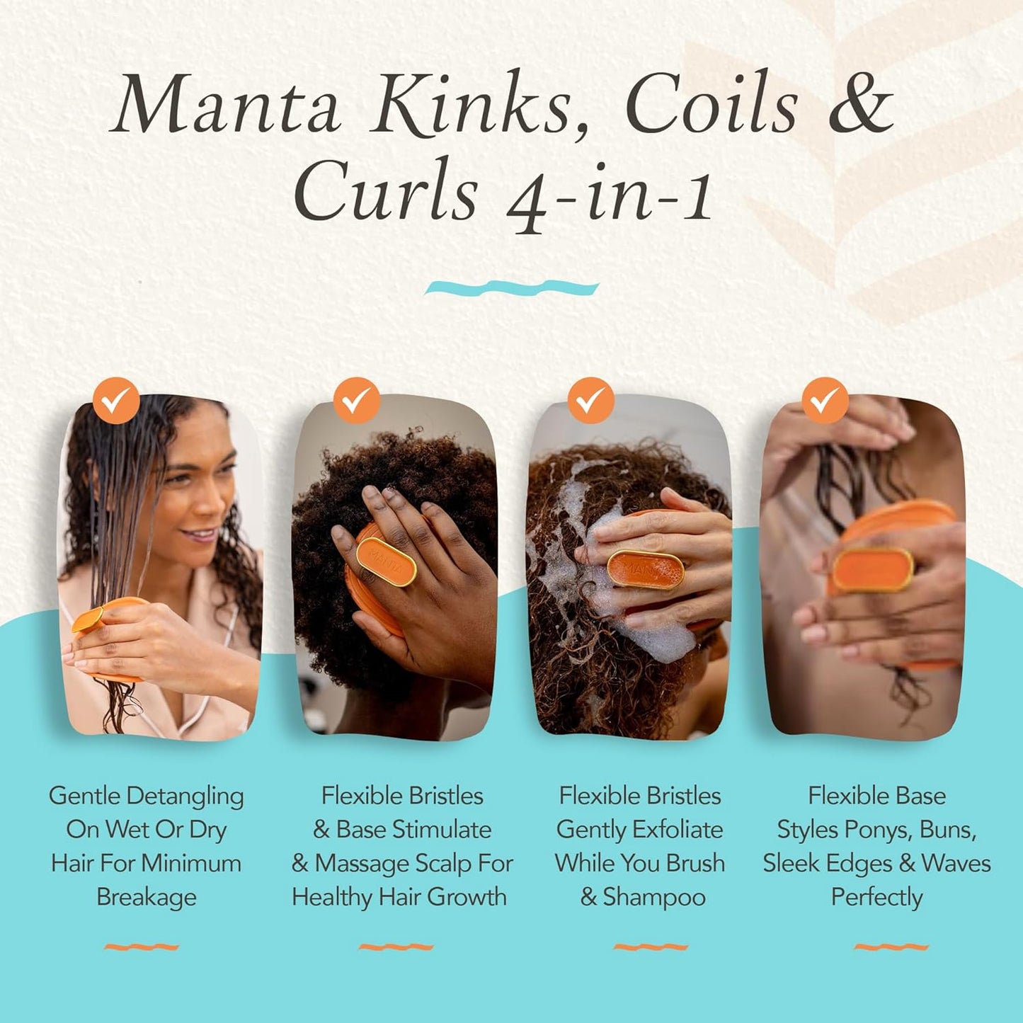 Manta Curls Anti-Breakage Hairbrush – Detangling Brush for Curly & Afro Hair, Gentle Wet & Dry Hairbrush for Women, Orange