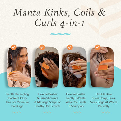 Manta Curls Anti-Breakage Hairbrush – Detangling Brush for Curly & Afro Hair, Gentle Wet & Dry Hairbrush for Women, Orange