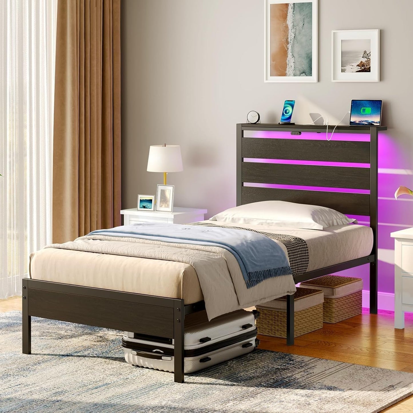 Rolanstar Bed Frame Twin Size with USB Charging Station, LED Bed Frame with Wood Storage Headboard, Black Single Metal Platform Bed with Under Bed Storage, No Box Spring Needed, Noise Free