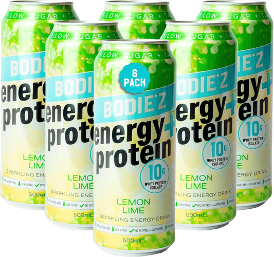 BODIE’Z Whey Protein Energy Drink - 10g Protein Powder Water with 200mg Taurine and 160mg Caffeine For Focus and Performance, Low Sugar Clear Protein Water, 500ml Lemon Lime 6 Pack