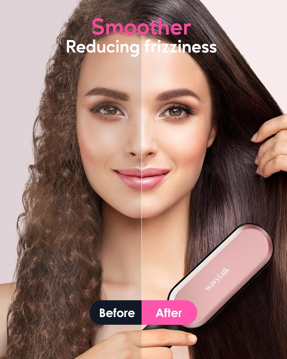 Wavytalk Hair Straightener Brush,Sleek Sweep Ionic Straightening Brush with 6 Temperature Adjust, Anti-Scald Ceramic Hair Straightener Comb Fast Heating for Home Salon, Dual Voltage, Rose Gold