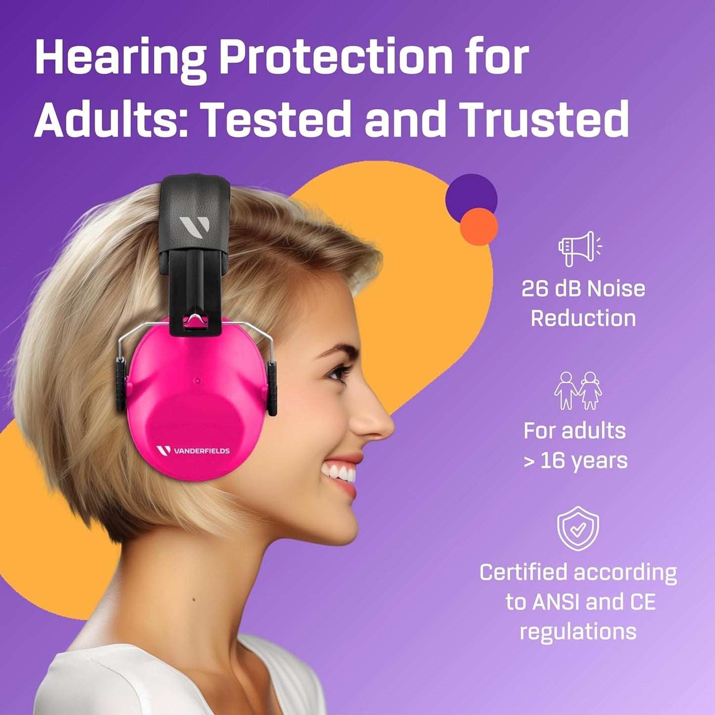 VANDERFIELDS Hearing Protection Ear Muffs for Noise Reduction, 26dB Certified, Noise Cancelling Safety Ear Protection, Adult
