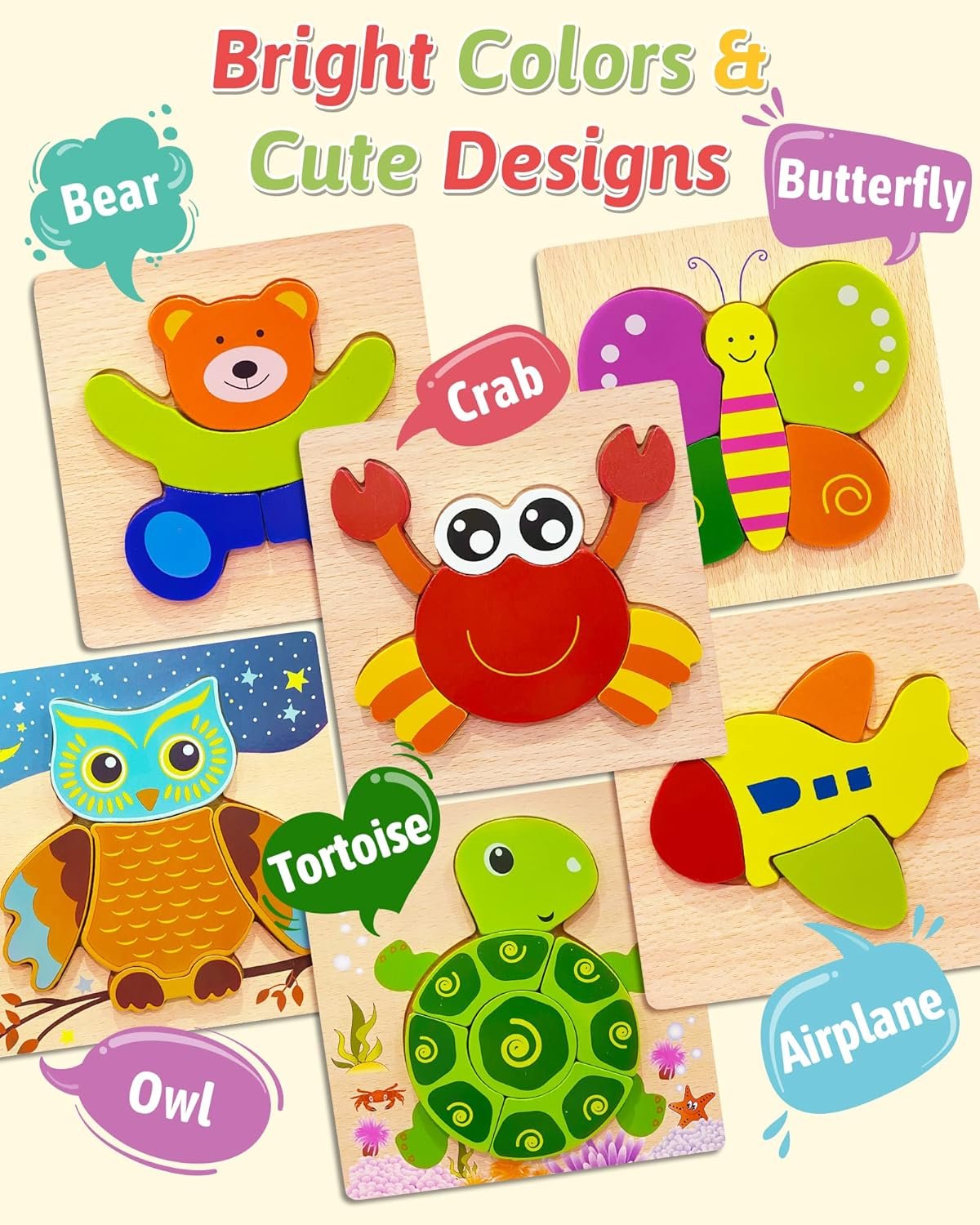 Gojmzo Wooden Puzzles for Toddlers 1-3 Toys Gifts for 1 2 3 Year Old Boys Girls, Montessori Educational Toys Preschool Learning Activities, 6 Pack Animal Jigsaw Puzzle Game