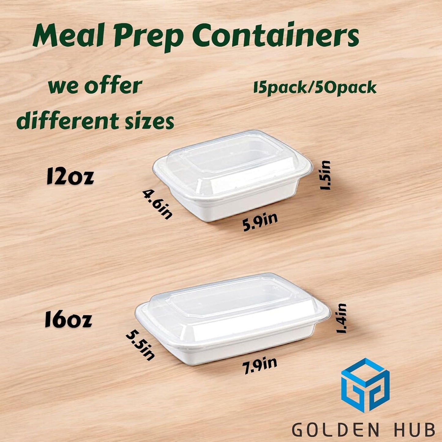Golden Hub Meal Prep Containers with Lids 12-32oz BPA Free Plastic Food Storage Reusable Stackable Leak Proof Microwave Dishwasher Safe for Lunch Home Office White (12oz 50pc(2))