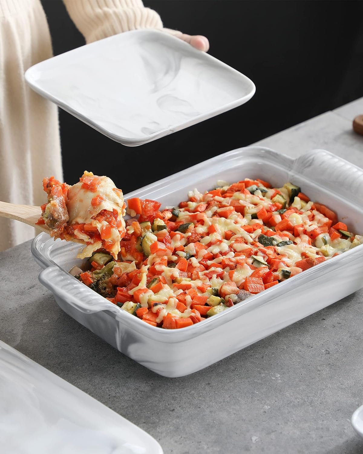 MALACASA Casserole Dish With Lid, 3.4 Quart Baking Dish With Lid, Deep Lasagna Pan Ceramic Bakeware Covered Casserole Dish Set, Microwave, Oven, Dishwasher Safe, 12 x 8.9 x 3 inch, Series BAKE-GREY