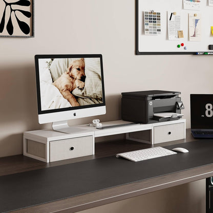 Mexin Dual Monitor Stand Riser with 2 Drawers, 39 Inch Extra Long Wood Desk Organizer, Desktop Riser for Laptop, Printer, Computer, TV, Perfect for Home Office, White