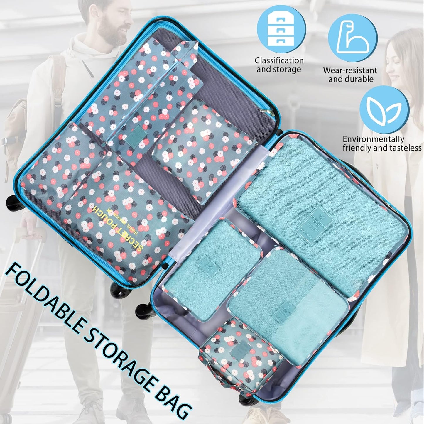 Coolzon Travel Suitcase Organizer Set of 8 Pieces, Perfect Storage Cubes Travel Luggage Organizer for Clothes, Cosmetics, Shoes, Underwear, Blue Flowers