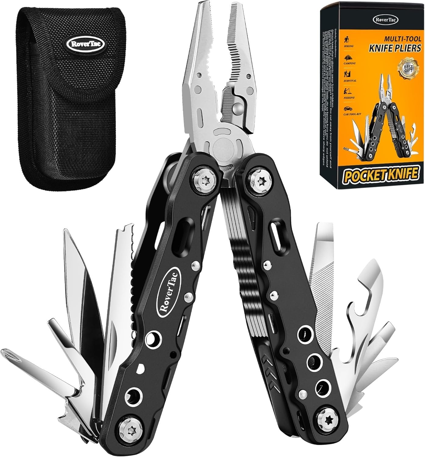 RoverTac Multitool Pliers Pocket Knife Camping Tool Hiking Gear 14 in 1 Multi Tool Knife Pliers Saw Bottle Opener Safety Lock Nylon Sheath Multitool for Camping Survival Hiking DIY Gifts for Men