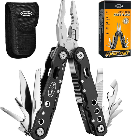RoverTac Multitool Pliers Pocket Knife Camping Tool Hiking Gear 14 in 1 Multi Tool Knife Pliers Saw Bottle Opener Safety Lock Nylon Sheath Multitool for Camping Survival Hiking DIY Gifts for Men