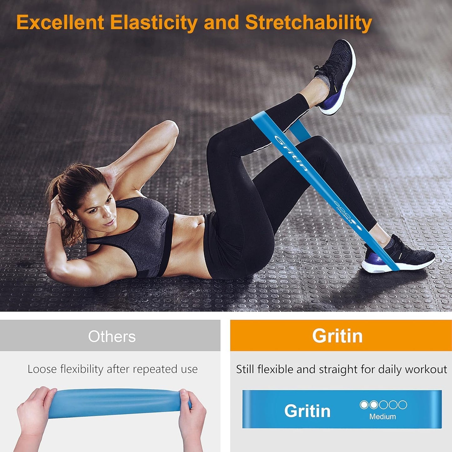 Gritin Resistance Bands, Set of 5 Skin-Friendly Resistance Fitness Exercise Loop Bands with 5 Different Strength Levels - Travel Carrying Case Included - Ideal for Home, Gym, Yoga, Training