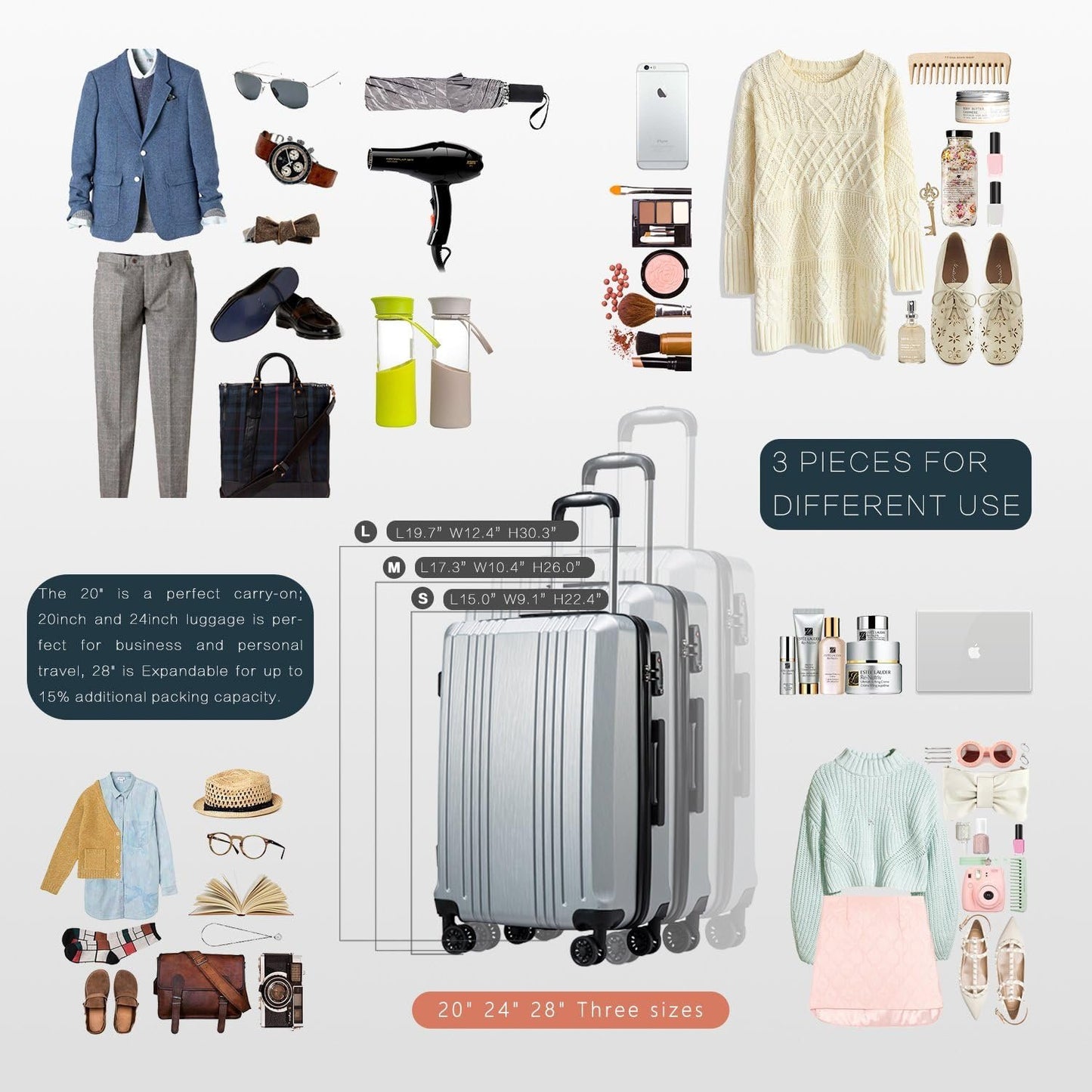 Coolife Luggage Expandable(only 28") Suitcase PC+ABS with TSA Lock Spinner 20in24in28in (Grey, M(24in)