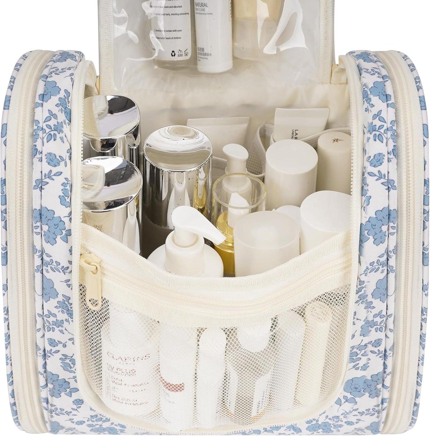 Narwey Hanging Toiletry Bag for Women Travel Makeup Bag Organizer Toiletries Bag for Cosmetics Essentials Accessories (Large, Little Blue Flower)